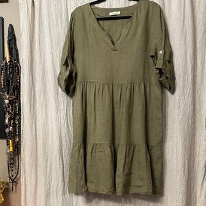 Italian Linen Olive Green Oversized V-Neck Tiered Dress